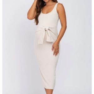 Beige Brushed Ribbed Front Tie Maternity Midi Dress Small